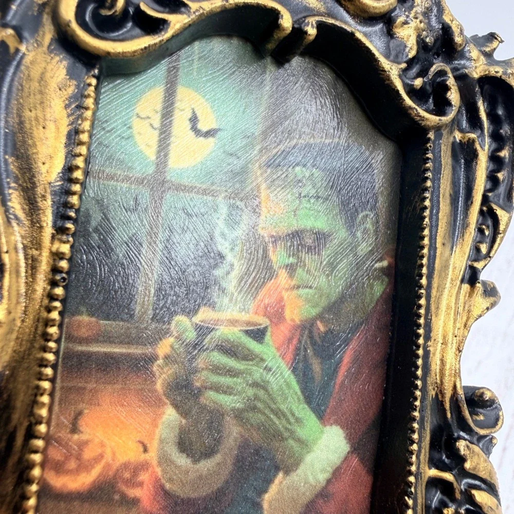 Frankenstein Santa Claus Art Print Gothic Ornate Black Gold Resin Frame 5.25in